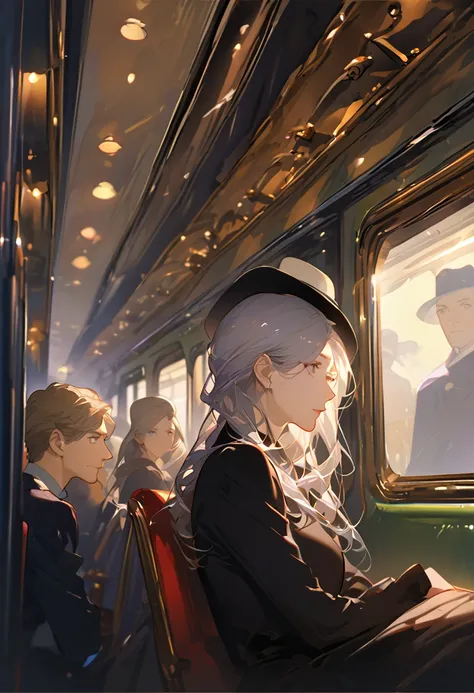 High image quality、Masterpiece、Best Quality、woman、young、Silver Hair、Long Hair、curl、Inside the train、Magazine Cover、Black clothes、 black dress to hang your body、 Disney Princesses Take Their Seats、Wear a hat、1870s、Take a seat 、 upper body