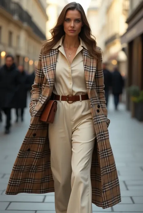 I want you to believe me a woman of high economic status,  who is walking with a burberry wallet in shades of brown and seen from the front but a little from the side, dressed in elegant cream-colored clothing and a long jacket with the tartan pattern and ...