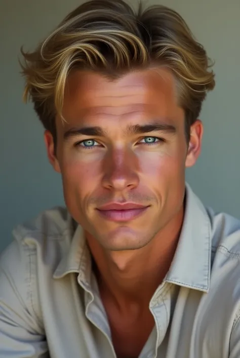 A young man of around 25 years old, with a classic and charming appearance in the style of Brad Pitt in his early years. His hair is blond, slightly tousled naturally, with a 