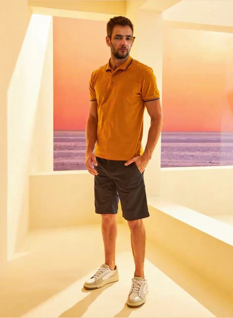 arafed man standing in a room with a window and a view of the ocean, wearing shorts and t shirt, outfit photograph, casual summer clothes, wearing a modern yellow tshirt, tan skin a tee shirt and shorts, wearing golf shorts, graphic print, wearing a dark b...