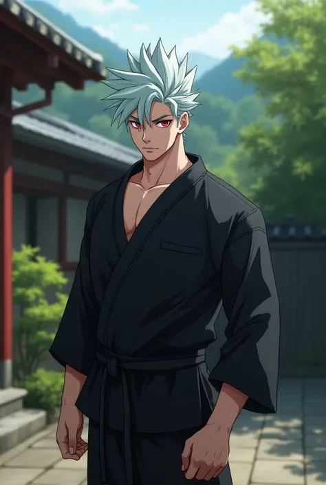 
Anime male, red eyes,  light blue short hair, spiky, outside japanese house, yard, loli around shirtless, black martial arts gi, bulky muscular, lip gloss,  teen