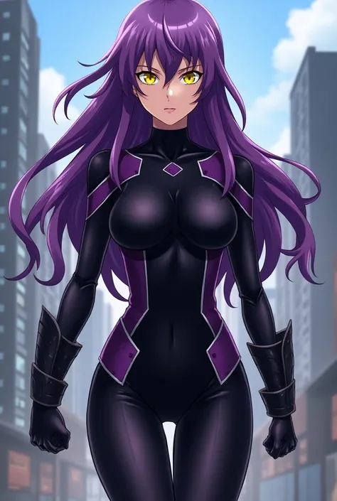 a beautiful woman,  in the shape of medium height . she has a well defined body, She has purple hair and is black . your eyes are yellow,  and her clothes always consist of the color black ,  made especially for him .  She is a woman with a strong personal...