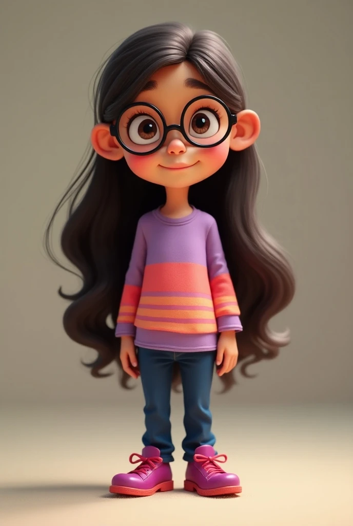 A girl 10 year with glasses with long dark brown hair, has brown eyes, wears a lilac shirt with coral pink stripes and navy blue pants and magenta shoes Disney Pixar