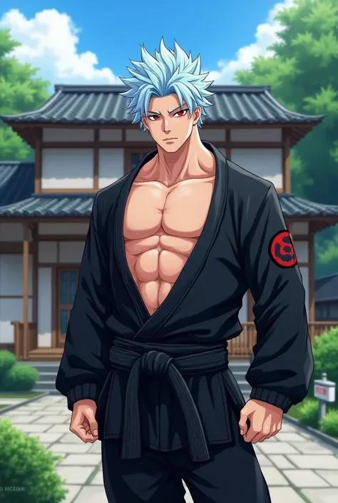 
Anime male, red eyes,  light blue short hair, spiky, outside japanese house, yard, ren with bikini around shirtless, black martial arts gi, bulky muscular, lip gloss,  teen