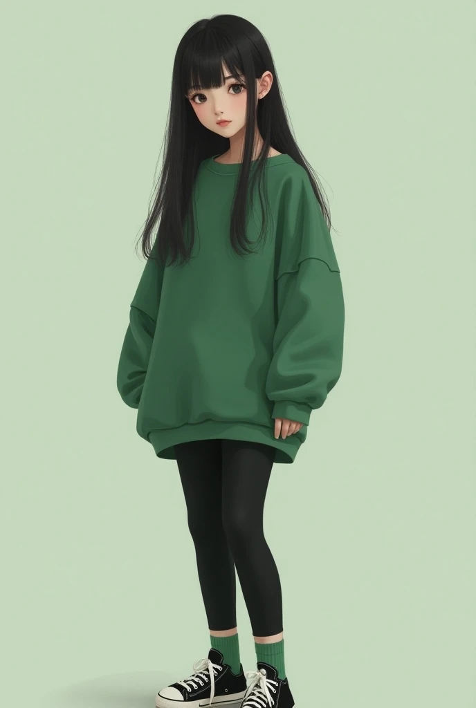 a girl of Japanese descent wearing an oversized green sweatshirt, leggings pretas,  green socks and sneakers Converse black and white . She has long, straight black hair with fringe . 