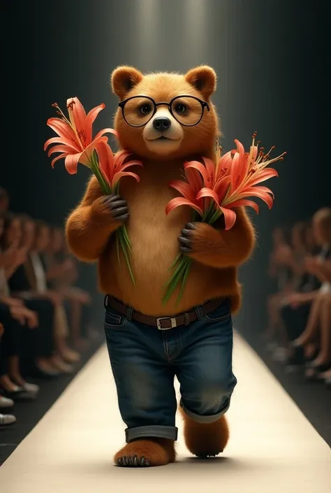 anthropomorphic bear with glasses ,  in jeans with a bouquet of lilies walking along the catwalk