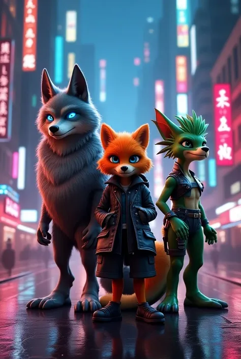 Create a scene featuring several unique human furry characters posing in a futuristic neon city at night.  Each character has their own style and personality :  a wolf with gray fur and blue eyes , an orange feline ,  and a dragon with green scales .  The ...