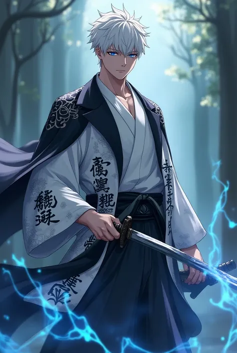 A slightly strong man , Blue eyes as if with glowing mystical energy,  short white hair and white kimono with black Japanese letters and a cape,  carries a white katana with blue, looking apathetic . realistic anime style