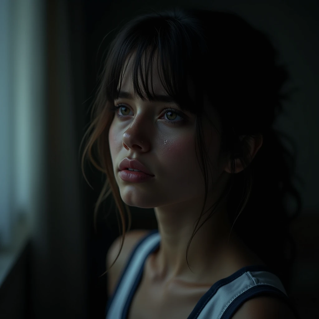 a beautiful sad girl in a dimly lit room, cheerleader outfit, crying, messy hair, tears, closeup, emotional, dramatic lighting, moody, emotional, cinematic, 1girl,beautiful detailed eyes,beautiful detailed lips,extremely detailed eyes and face,longeyelashe...