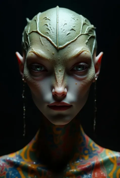 Hybrid human-alien, human facial structure, normal mouth, slightly enlarged eyes close together, iridescent skin, lizard-like skin, intricate patterns on forehead, large ridges on forehead and nose, hyper-realistic, studio lighting, facing camera, wearing ...