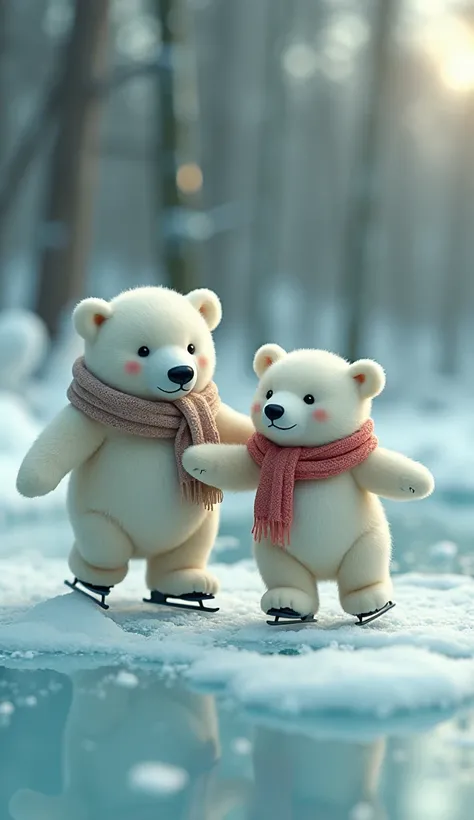  Show a pair of miniature polar bears skating on ice from a giant cup. The male, Scarf-wearing ,  guides the female ,  who is smiling as they both glide across the icy surface .