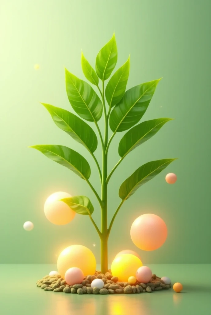 A vibrant moringa plant standing tall, surrounded by glowing vitamin spheres. Each sphere contains a label such as "Vitamin C," "Vitamin A," "Calcium," "Iron," and "Potassium." The plant is lush and green, and the spheres float around it, glowing softly to...