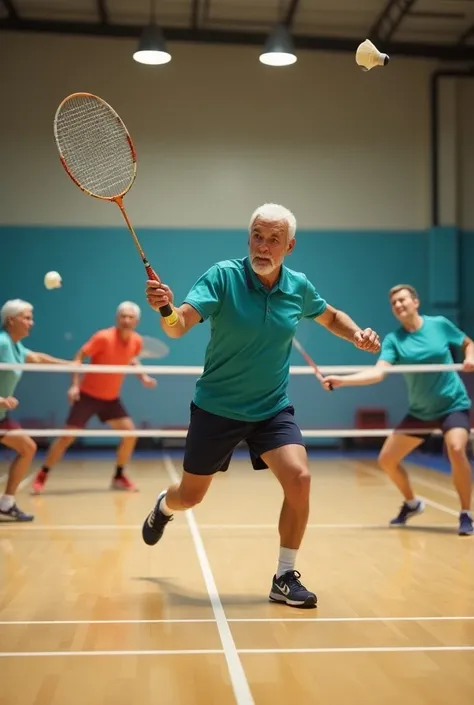 Middle age adults playing badminton in a gymnasium.