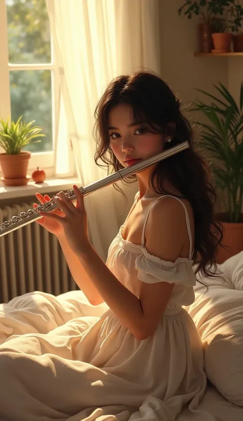 A pretty girl named Lucía was playing her flute in her room.  