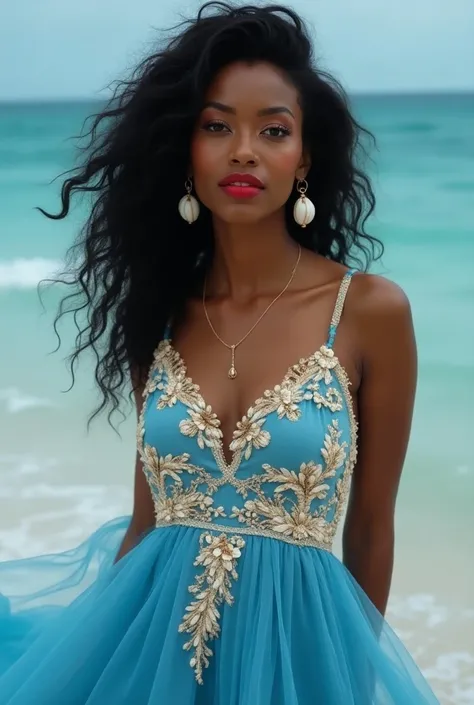 young black woman, with blue dress, with white and gold layers that mimic the sea,long curly hair and shell jewelry,  wearing light makeup and red lipstick , full body image  