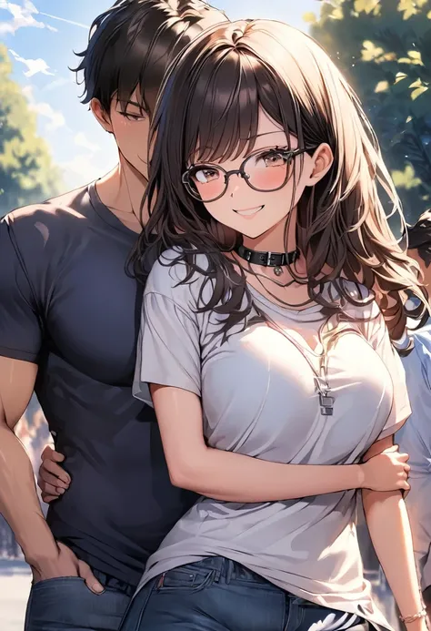 ((Best Quality)), ((masterpiece)), (detailed), ((1 girl 1 boy)), sexy, １６８ bright brown and big breasted female college students , Young woman, ((( shortcuts))), (( man and woman walking arm in arm on college campus)), Gentle droopy eyes, Laugh happily, Se...