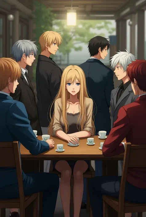 An anime blonde girl she have long blonde hair and mature looks and with a deppression and sad have long hair and cute she sitting in a chair behind the cofe table m, surrounded by her boyfriends, one guy blonde, one have black hair guy, Blue hair guy, whi...