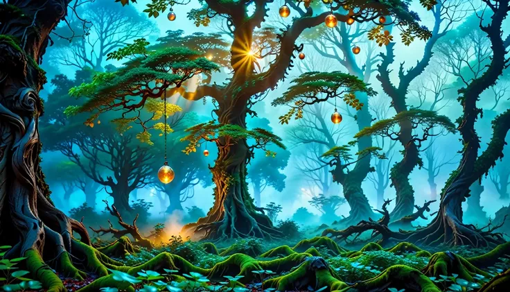 A Masterpiece In 32K Resolution, Supreme Quality, Super-Detailed, Official Art. A Mystical Forest Enveloped In Fog, Where Ancient Trees With Twisted Roots Create A Canopy Of Leaves. Glowing Orbs Hover In The Air, While A Hidden Glade Reveals A Sparkling Sp...