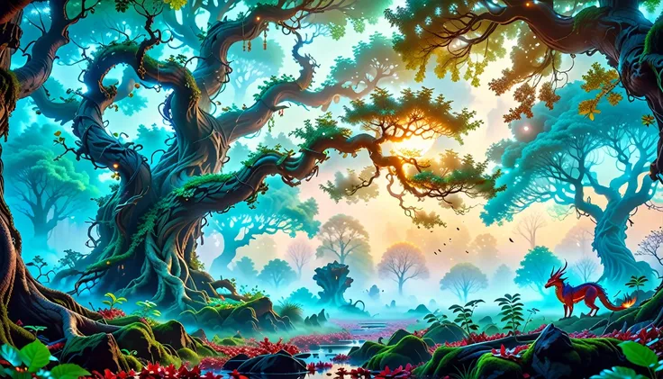 A Masterpiece In 32K Resolution, Supreme Quality, Super-Detailed, Official Art. A Mystical Forest Enveloped In Fog, Where Ancient Trees With Twisted Roots Create A Canopy Of Leaves. Glowing Orbs Hover In The Air, While A Hidden Glade Reveals A Sparkling Sp...