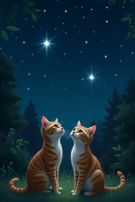 Two cats sitting in the yard looking in the background at night sky and with two shining stars 