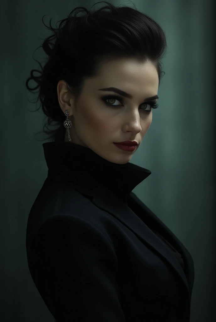 a woman-, evil, portrait , glamour, dressed in fashionable clothes, 32k uhd, glamour, mysterious backdrops, creative,  