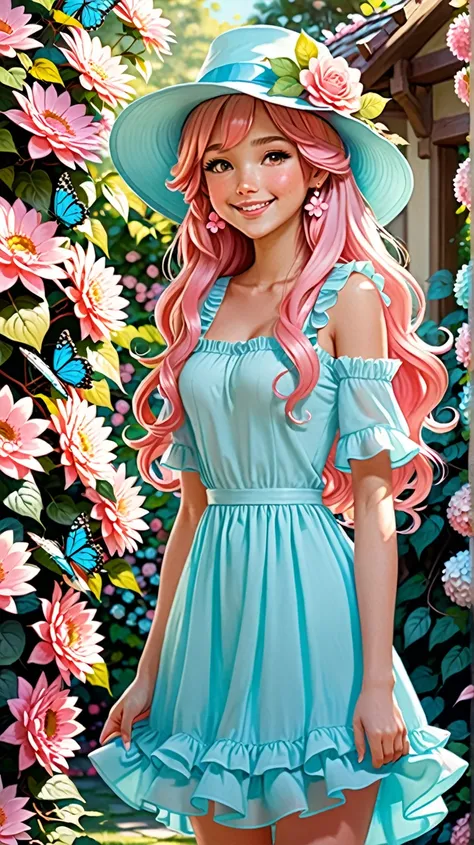 Request 1:
/imagine prompt: A cute  standing outdoors in a colorful garden, wearing a light blue dress with pink ruffles and a pastel-colored hat adorned with flowers, her long wavy hair falling over her shoulders, her expression is sweet and innocent as s...