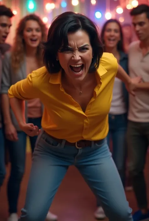 32-year-old black-haired mom in light blue jeans and yellow shirt and blue shoes at a party yelling angrily at young people 