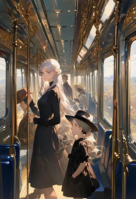 High image quality、Masterpiece、Best Quality、woman、young、Silver Hair、Long Hair、curl、Inside the train、Magazine Cover、Black clothes、 black dress to hang your body、 Disney Princesses Take Their Seats、Wear a hat、1870s、Take a seat 、 upper body、A little young、One...