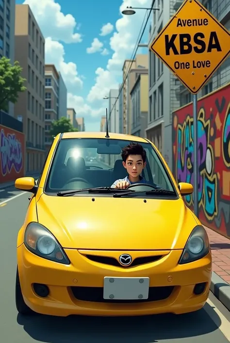 Create an image of a young man driving a Mazda Demio car from the year 2006 yellow and who sees a traffic sign that says avenue KBSA One Love and that in the background you can see a graffiti that says HDT crew 