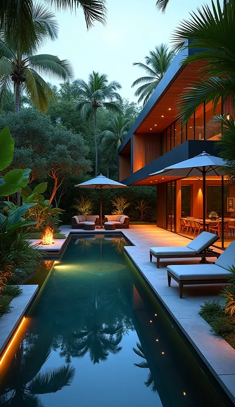 "Design a tranquil backyard oasis that complements the luxury of the helicopter-inspired villa. The space features a beautifully landscaped garden with lush tropical plants and flowers, creating a vibrant, colorful backdrop. A sleek infinity pool mirrors t...