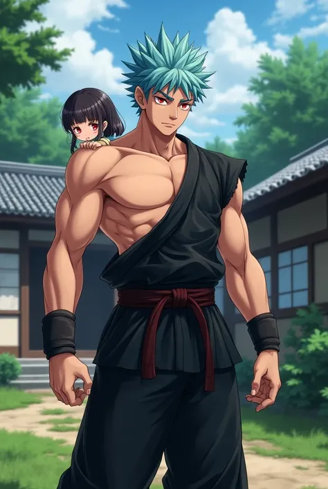 Anime male, red eyes,  light blue short hair, spiky, outside japanese house, yard, loli around shirtless, black martial arts gi, bulky muscular, lip gloss,  teen, elf ears