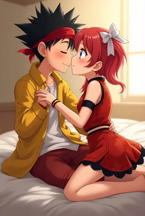 a boy and a girl in bed kissing, the boy with pointed black hair who is holding a red bandana on his forehead, a yellow jacket and underneath a white t-shirt ,red pants, the girl with short red hair ,blue eyes, short red sleeveless Chinese suit with black ...