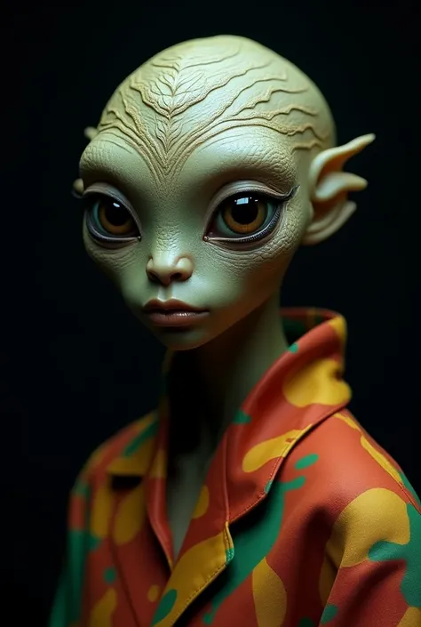 Hybrid human-alien, human facial structure, normal mouth, slightly enlarged eyes close together, iridescent skin, lizard-like skin, intricate patterns and ridges on forehead, hyper-realistic, studio lighting, facing camera, wearing flamboyant colorful loos...