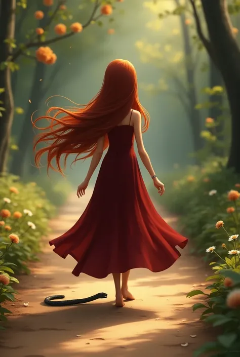 "Generate an animation of a woman slowly walking with a natural camera movement that follows her. She is wearing a dark red dress, and her long, deep red hair flows gracefully with the wind. The wind should create realistic effects on both her hair and clo...