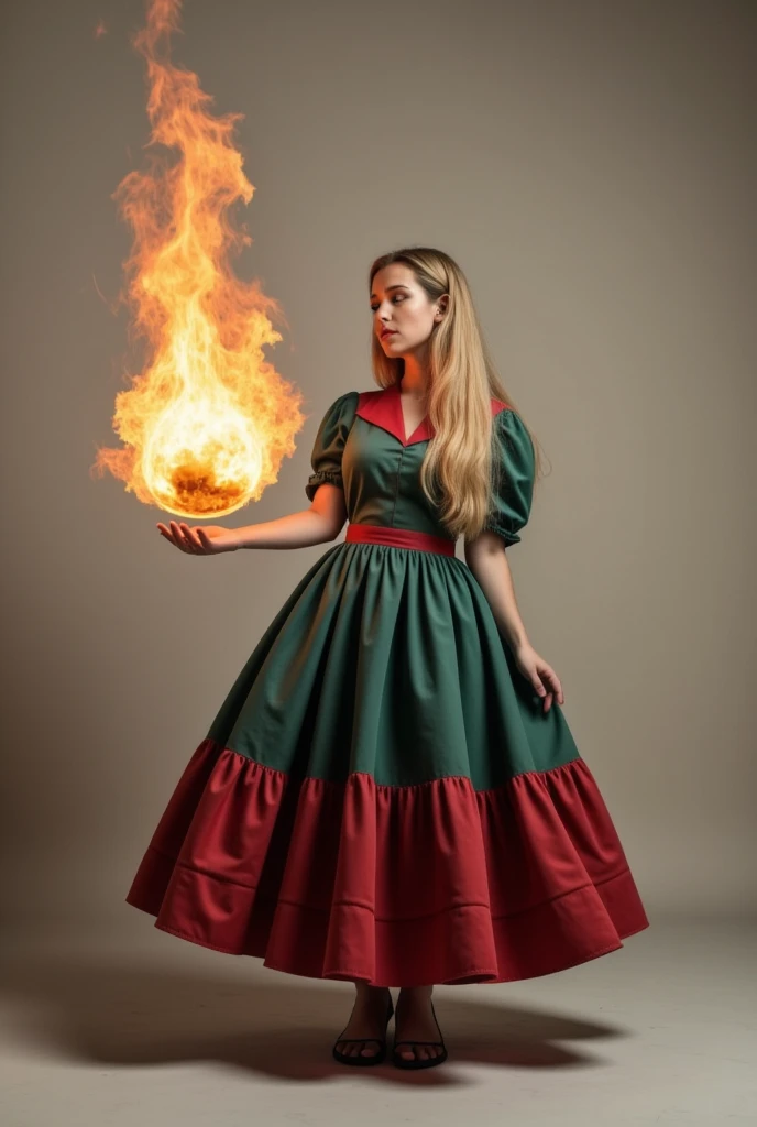 rpg game character a beautiful sorceress with long blond hair wearing dress casts a fireball in a dynamic pose without background, concentration, cold atmosphere, a bizarre mix of colors