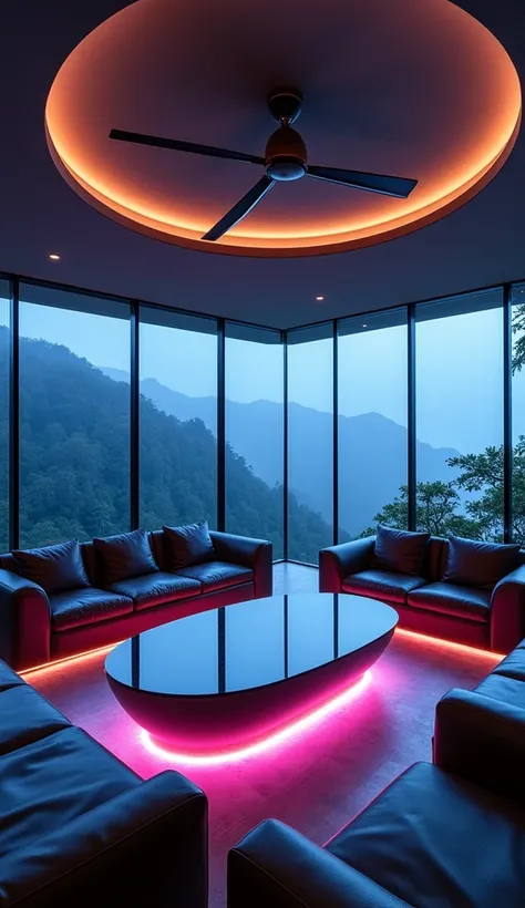 "Create a spacious lounge area that embodies luxury and high-tech aesthetics, inspired by the interior of a helicopter. The lounge features floor-to-ceiling dark-tinted glass walls, allowing for breathtaking views of the misty mountains and jungle outside....