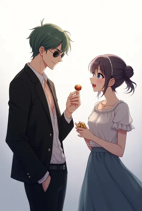 Together、I have candy。Black suit、The man is wearing a white open shirt that shows his collarbone。 The man has short, sleek green hair and no bun。Eyes seen through sunglasses、 with a handsome man holding candy and smiling while looking at the camera、The wom...