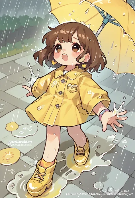 1girl, short brown hair, yellow raincoat, heart earrings, open mouth, raining, pastel yellow rainboots, splashing in a puddle