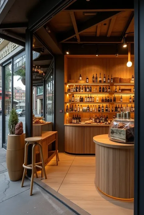  A store that sells cachaça ,  pork cuts with a coffee corner, two stools .  A modern art 