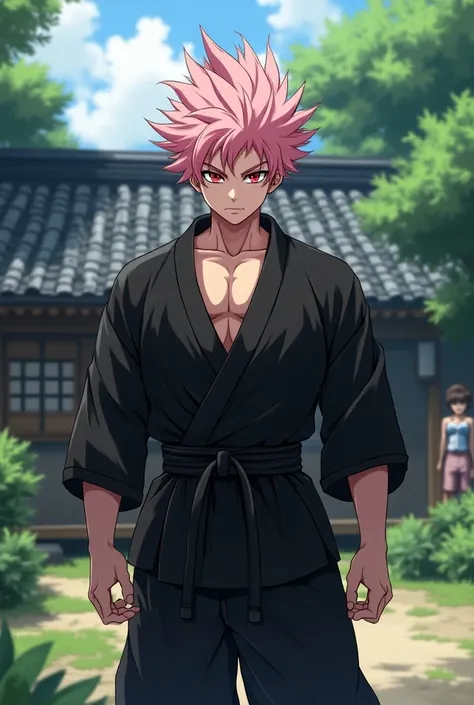 Anime male, red eyes,  light pink short hair, spiky, outside japanese house, yard, loli around shirtless, black martial arts gi, bulky muscular, lip gloss,  teen, 