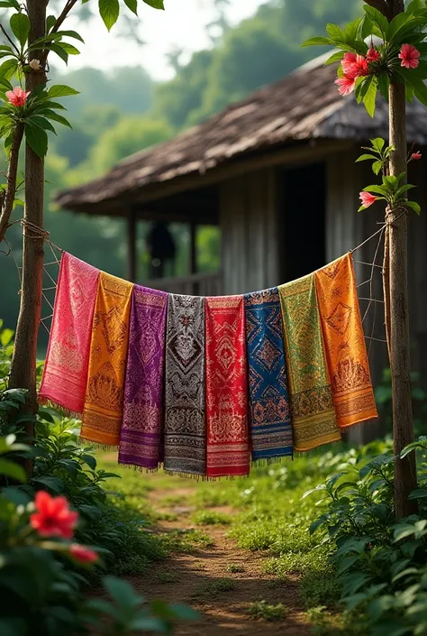 Colourfull flowering batik sarongs hanging on the wire fence infront of an old wooden house. Hibiscus trees with flowers around the compound. Realism. 