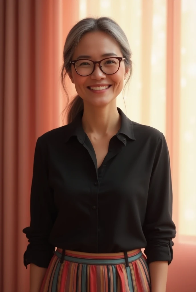 

"Create a portrait of a middle-aged woman standing confidently with a warm smile. She has glasses and her hair is tied back. She is wearing a simple black shirt and a colorful striped skirt with red, orange, navy, and beige tones. The background is soft,...