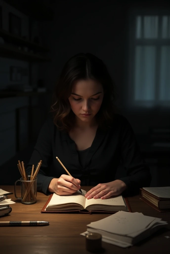 Create an image of a bipolar person writing a diary on a table