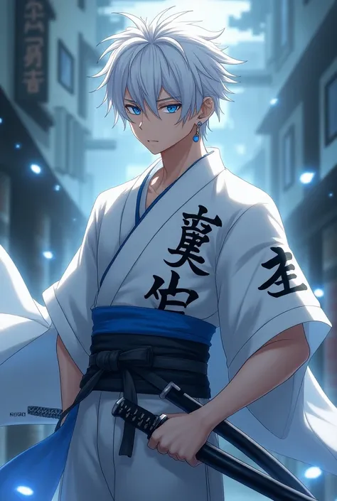 A slightly strong man , Blue eyes as if with glowing mystical energy,  short white hair and white kimono with black Japanese letters and a cape,  carries a white katana with blue, with a confident appearance. And earring in one ear only . realistic anime s...