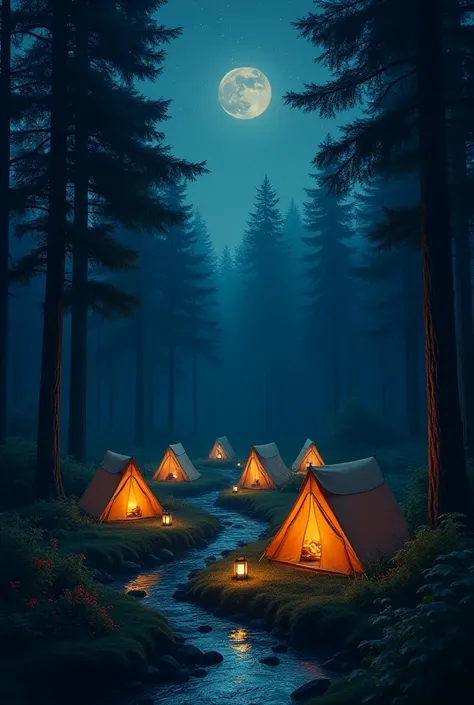 Five camping tents next to a stream in the forest at night