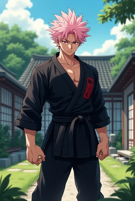 Anime male, red eyes,  light pink short hair, spiky, outside japanese house, yard, loli around shirtless, black martial arts gi, bulky muscular, lip gloss,  teen, 