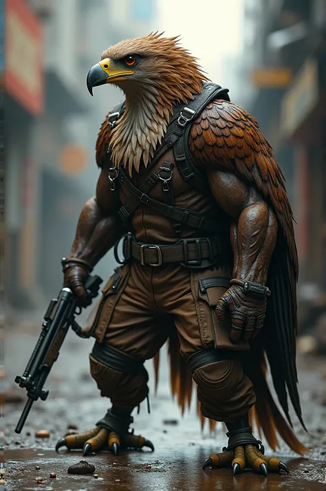 Create a humanoid eagle with clothes and holding a short-barreled shotgun in its hands(or claws).