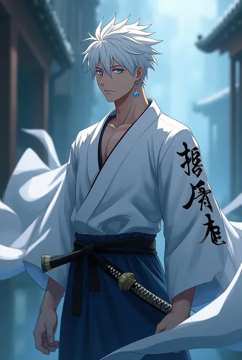 A slightly strong man , Blue eyes as if with glowing mystical energy,  short white hair and white kimono with black Japanese letters and a cape,  carries a white katana with blue, looking apathetic . And earring in one ear only . realistic anime style