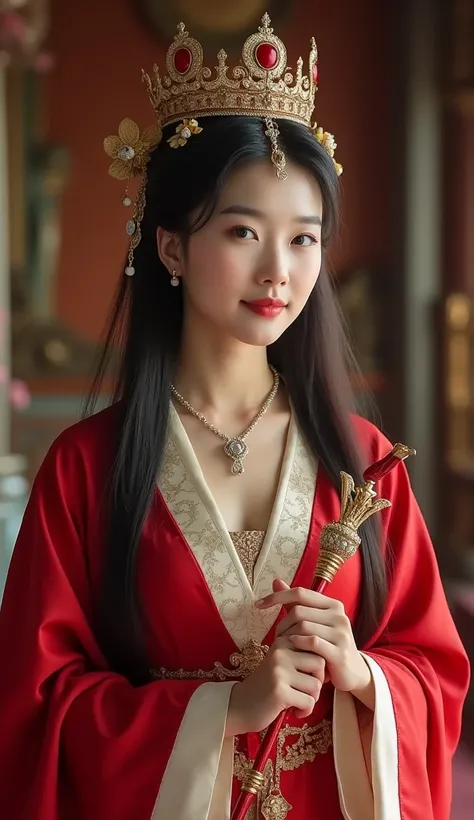 photography professional full body beauty long hair,  soft oval face sweet smile sweet smile korean race , wearing the queens necklace, crowned,  dressed as a Victoria woman wearing red , wearing a red queens robe , walking queen-like in the palace while h...