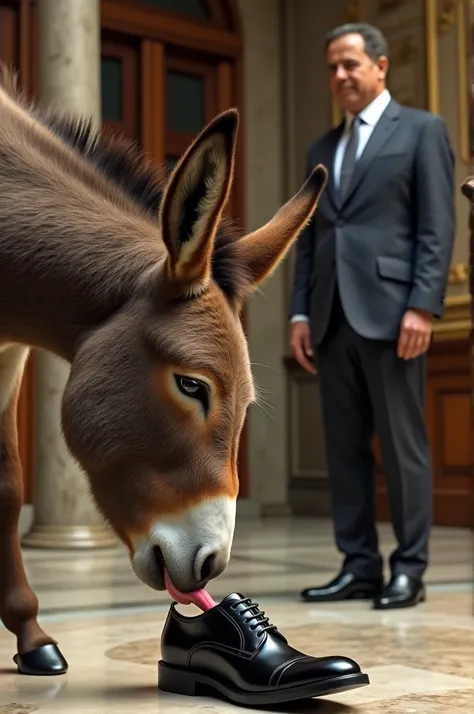 Generate an image of a donkey licking President Daniel Noboas shoes 